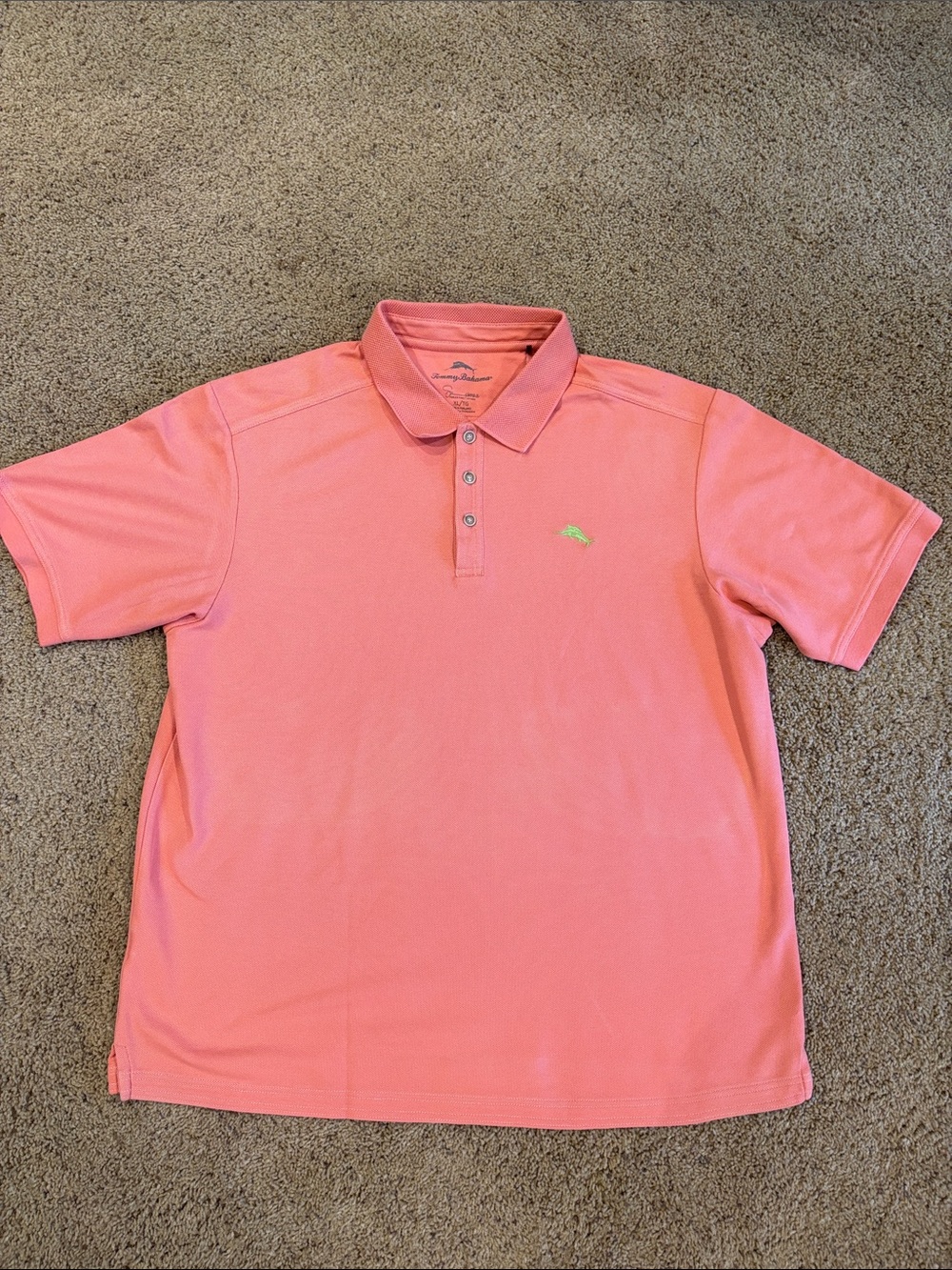 Tommy Bahama Coral Pink Polo with Lime Logo Embroidery, size XL